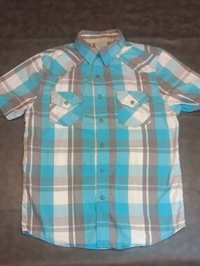 Men's Short-Sleeve Plaid Pearl Snap Button-Down Shirt in Teal and Gray